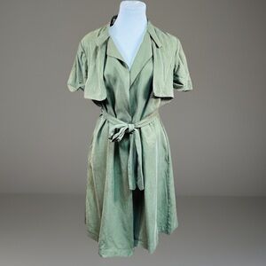 Super cute army, green lightweight tie long slit, duster jacket